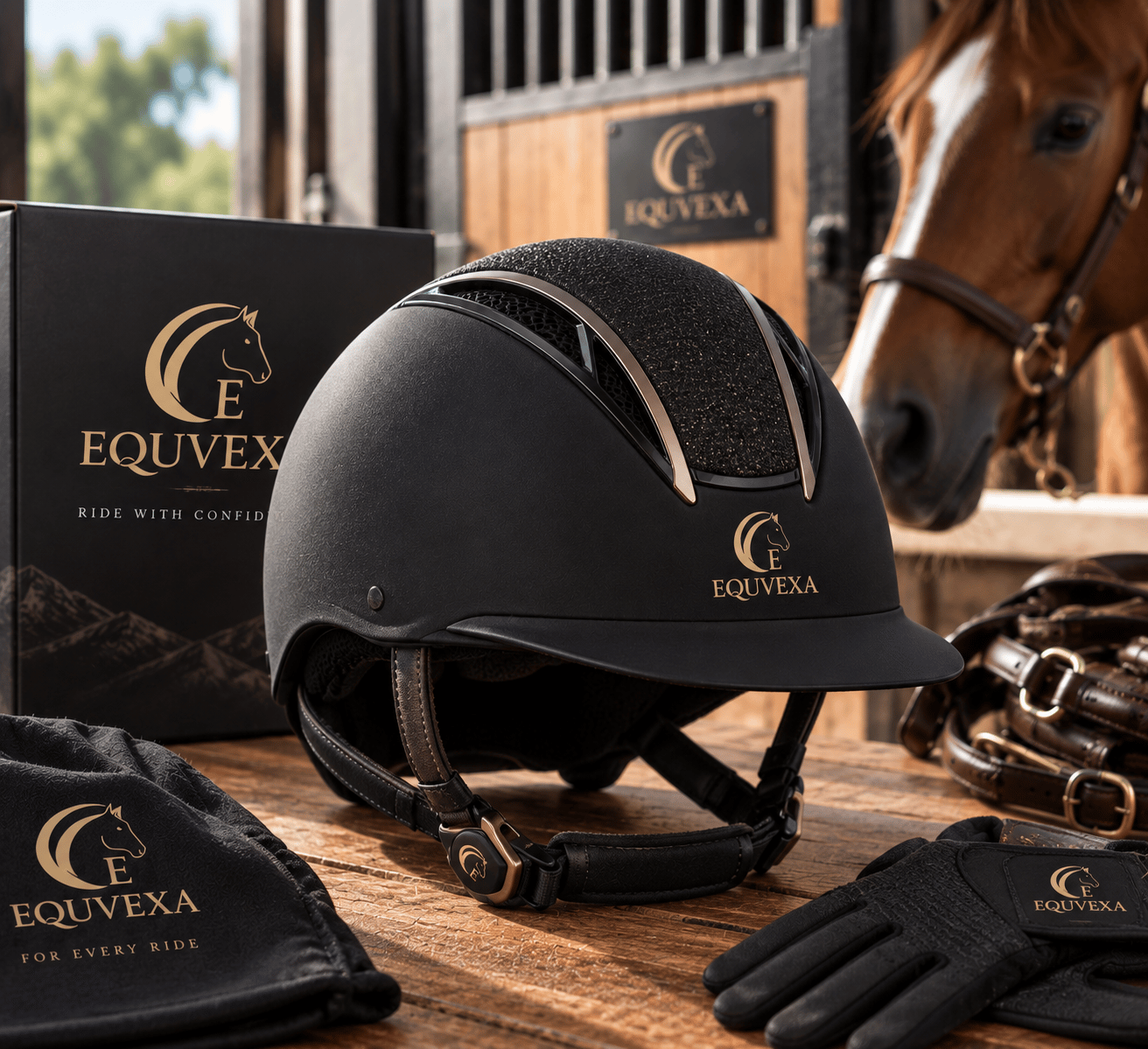 Black EQUVEXA riding cap beside EQUVEXA packaging
