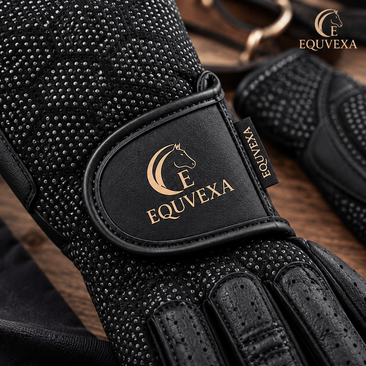 Close-up of an EQUVEXA riding glove wrist strap with the EQUVEXA logo