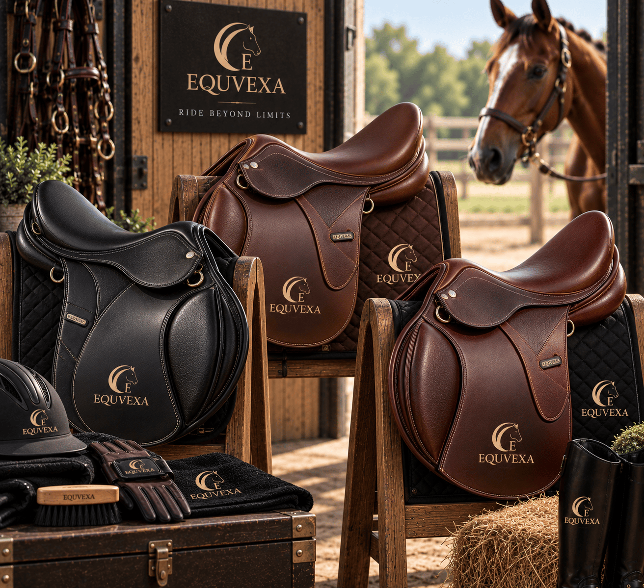EQUVEXA saddles displayed with a riding cap and gloves in a stable